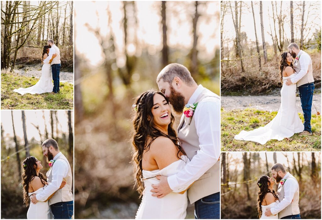 Snohomish Wedding Photographer GSquared Weddings A collage of a couple in wedding attire embracing by a stream near the Machias woods. The bride wears a long white dress, while the groom is in jeans and a vest. Sunlight filters through the trees, casting a warm, romantic glow on this serene setting. Serving Seattle, Snohomish and Orlando