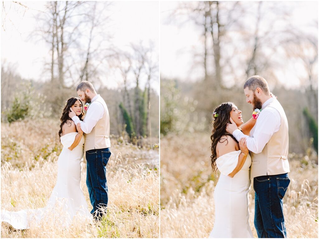 Snohomish Wedding Photographer GSquared Weddings A couple stands in a sunlit field near Machias, with the man wearing a beige vest and jeans and the woman in an off-the-shoulder white dress. They hold each other tenderly, surrounded by tall grasses and bare trees in the background. Serving Seattle, Snohomish and Orlando