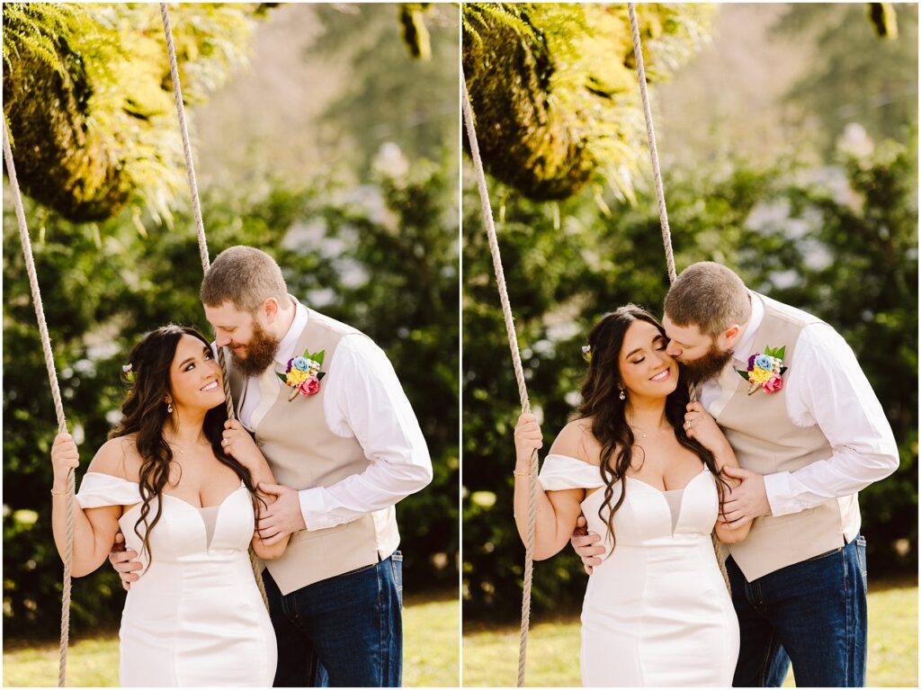 Snohomish Wedding Photographer GSquared Weddings In the serene ambience akin to Machias, a couple embraces lovingly on a swing under a tree. The woman, in a white off-shoulder dress, smiles as the man in a light vest and white shirt kisses her head amidst lush greenery and sunlight. Serving Seattle, Snohomish and Orlando