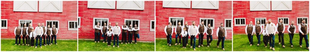 Snohomish Wedding Photographer GSquared Weddings A four-panel sequence captures the essence of Machias, showcasing men in front of a red barn with white windows. They wear jeans, white shirts, some with ties, and brown vests. Each panel slightly shifts their positions and gestures on the lush grassy lawn. Serving Seattle, Snohomish and Orlando