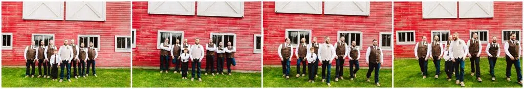Snohomish Wedding Photographer GSquared Weddings A four-panel sequence captures the essence of Machias, showcasing men in front of a red barn with white windows. They wear jeans, white shirts, some with ties, and brown vests. Each panel slightly shifts their positions and gestures on the lush grassy lawn. Serving Seattle, Snohomish and Orlando