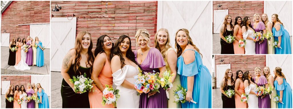 Snohomish Wedding Photographer GSquared Weddings A group of six smiling women stand in front of a charming Machias barn, its rustic red facade adorned with white doors. They wear colorful, elegant dresses and hold vibrant floral bouquets, creating a joyful and celebratory scene. Serving Seattle, Snohomish and Orlando