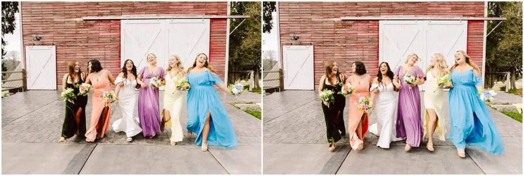 Snohomish Wedding Photographer GSquared Weddings Five women in colorful dresses stroll together, smiling and holding bouquets. They pose in front of a red wooden barn with white sliding doors—a charming scene reminiscent of Machias. The paved ground underfoot contrasts with the green trees and an overcast sky as their backdrop. Serving Seattle, Snohomish and Orlando