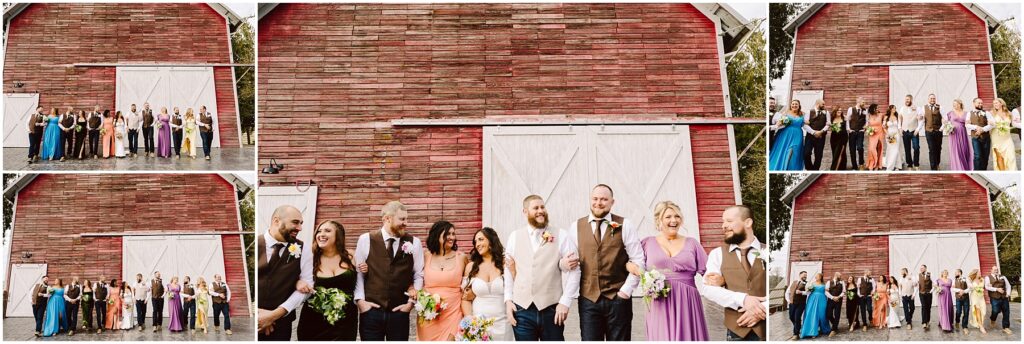 Snohomish Wedding Photographer GSquared Weddings A wedding party in Machias poses in front of a rustic red barn with a white sliding door. The group, dressed in formal attire with colorful dresses and suits, stands smiling and laughing. Several group shots are combined into one collage. Serving Seattle, Snohomish and Orlando