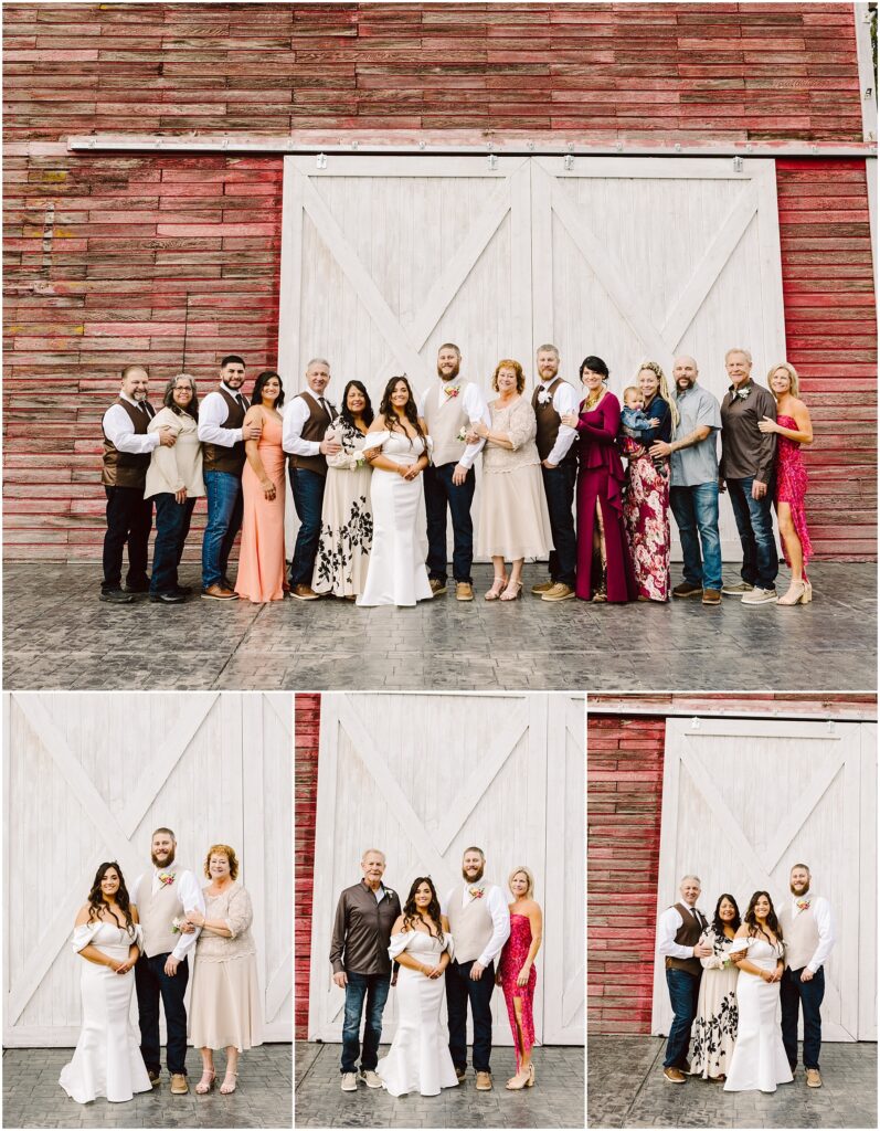 Snohomish Wedding Photographer GSquared Weddings A group of people stand in front of a large red barn with white sliding doors, reminiscent of the charming rustic vibes often found in Machias. Arranged in rows, they pose for photos, capturing the essence of a joyful family gathering. Serving Seattle, Snohomish and Orlando