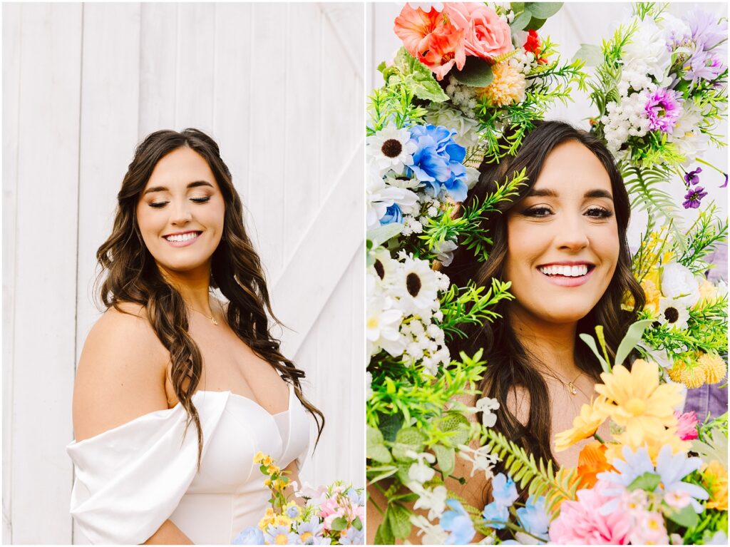 Snohomish Wedding Photographer GSquared Weddings Left image: A woman in an off-shoulder white dress smiles with closed eyes against a white wooden backdrop. Right image: The same woman, now in Machias, smiles broadly, framed by a vibrant floral arrangement. Serving Seattle, Snohomish and Orlando