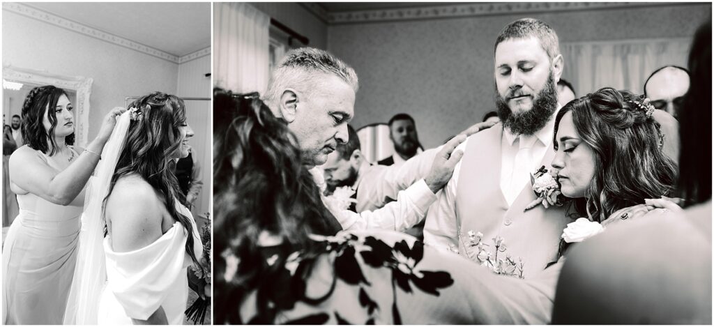 Snohomish Wedding Photographer GSquared Weddings Two black-and-white images: In Machias, a woman adjusts the hair of another in a wedding dress. In the second image, a group, including the bride and groom, bows their heads in prayer as an older man touches the grooms shoulder. Serving Seattle, Snohomish and Orlando
