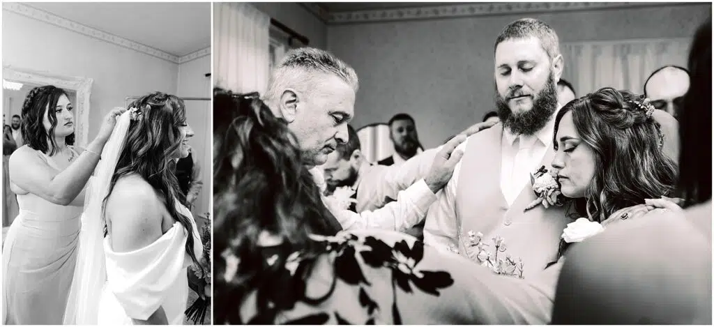 Snohomish Wedding Photographer GSquared Weddings Two black-and-white images: In Machias, a woman adjusts the hair of another in a wedding dress. In the second image, a group, including the bride and groom, bows their heads in prayer as an older man touches the grooms shoulder. Serving Seattle, Snohomish and Orlando