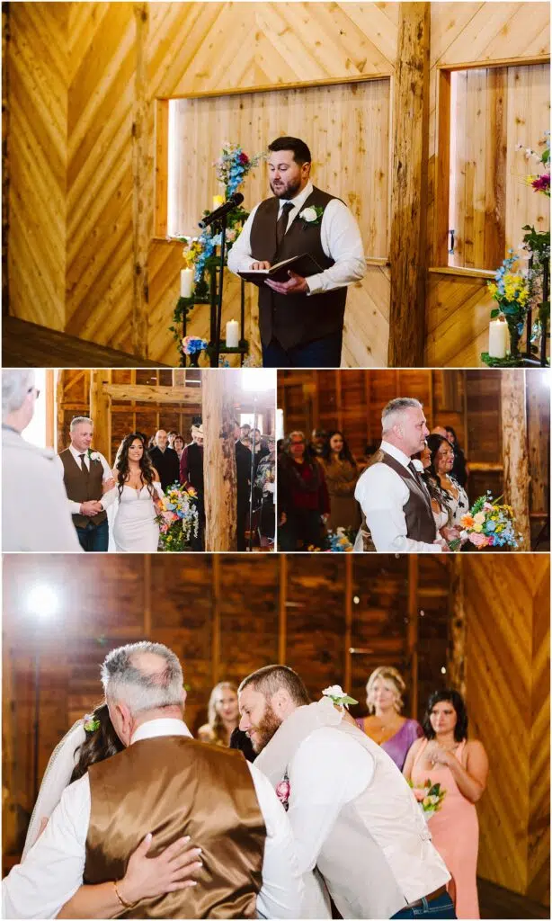 Snohomish Wedding Photographer GSquared Weddings At a charming venue in Machias, a groom reads his vows from a book on a wooden stage while the bride and guests listen attentively. In another moment, the brides father hugs the groom warmly. Bridesmaids stand in the background holding bouquets, adding to the heartfelt ceremony. Serving Seattle, Snohomish and Orlando