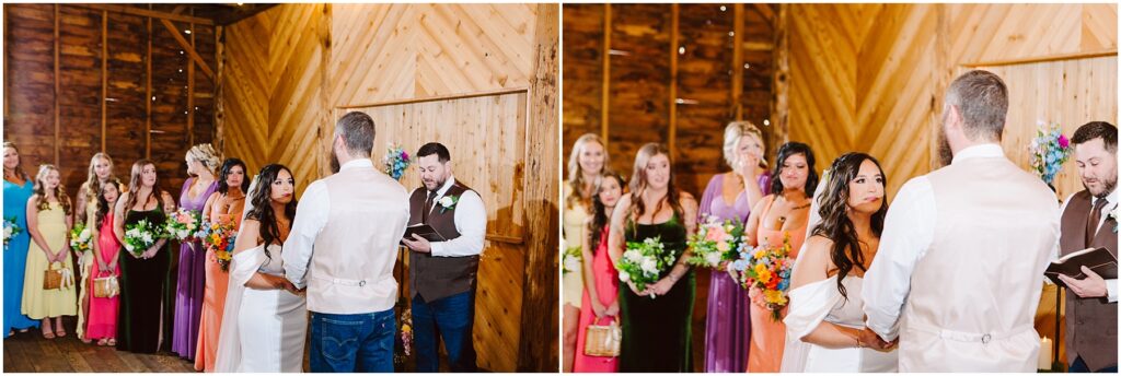 Snohomish Wedding Photographer GSquared Weddings During a ceremony in a rustic wooden venue near Machias, the bride holds a colorful bouquet as the groom, in a white shirt and vest, faces her. Bridesmaids in various dresses stand behind them, and an officiant reads from a book. Serving Seattle, Snohomish and Orlando