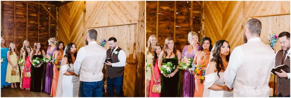 Snohomish Wedding Photographer GSquared Weddings During a ceremony in a rustic wooden venue near Machias, the bride holds a colorful bouquet as the groom, in a white shirt and vest, faces her. Bridesmaids in various dresses stand behind them, and an officiant reads from a book. Serving Seattle, Snohomish and Orlando