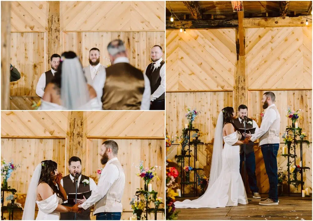 Snohomish Wedding Photographer GSquared Weddings Bride and groom stand facing each other at the altar in a charming wooden barn near Machias, with the officiant speaking. They are surrounded by colorful floral arrangements. Both are wearing white attire. Serving Seattle, Snohomish and Orlando