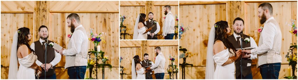 Snohomish Wedding Photographer GSquared Weddings In a charming wooden room in Machias, a bride and groom exchange heartfelt vows. She wears a white dress and veil, while he dons a white shirt and vest. Colorful flowers adorn the space as three beautiful moments of their ceremony are captured with grace. Serving Seattle, Snohomish and Orlando