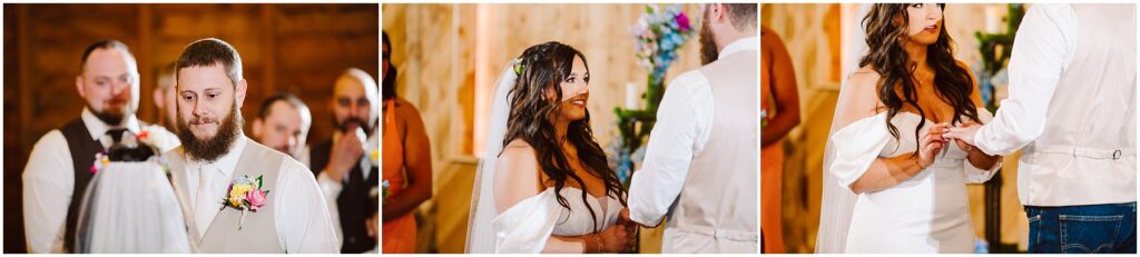 Snohomish Wedding Photographer GSquared Weddings In the quaint town of Machias, a couple exchanges vows in a rustic wedding ceremony. The groom, with a beard, wears a light vest, while the bride, with long dark hair, dons an off-shoulder white dress. They hold hands as onlookers watch in a warmly lit setting. Serving Seattle, Snohomish and Orlando