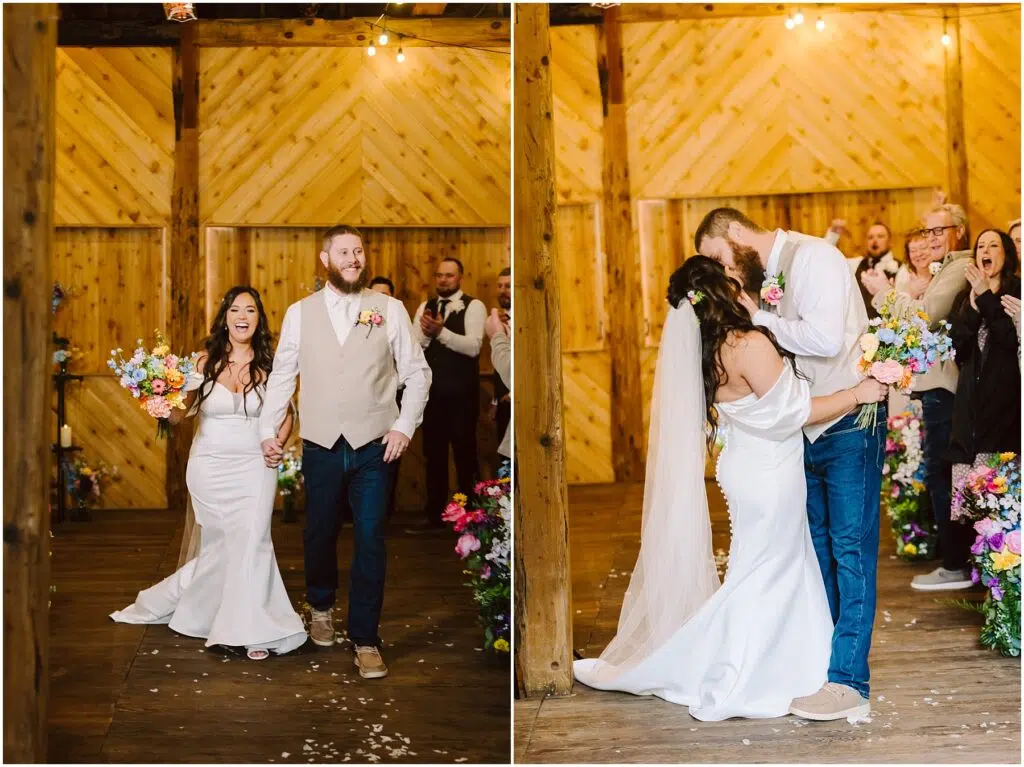 Snohomish Wedding Photographer GSquared Weddings A newlywed couple, glowing with joy, walks hand in hand down the aisle in a charming Machias setting. The brides white dress and bouquet radiate elegance. In the next image, they share a kiss surrounded by cheering guests, flower decorations enhancing the warm wooden venue. Serving Seattle, Snohomish and Orlando