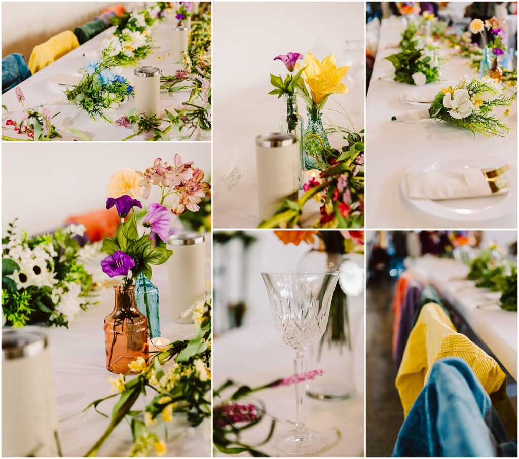 Snohomish Wedding Photographer GSquared Weddings A collage of six images showcases a Machias-inspired table, adorned with colorful flowers in vases, a crystal wine glass, and neatly folded napkins. Each image highlights distinct floral arrangements and tableware on a crisp white tablecloth. Serving Seattle, Snohomish and Orlando