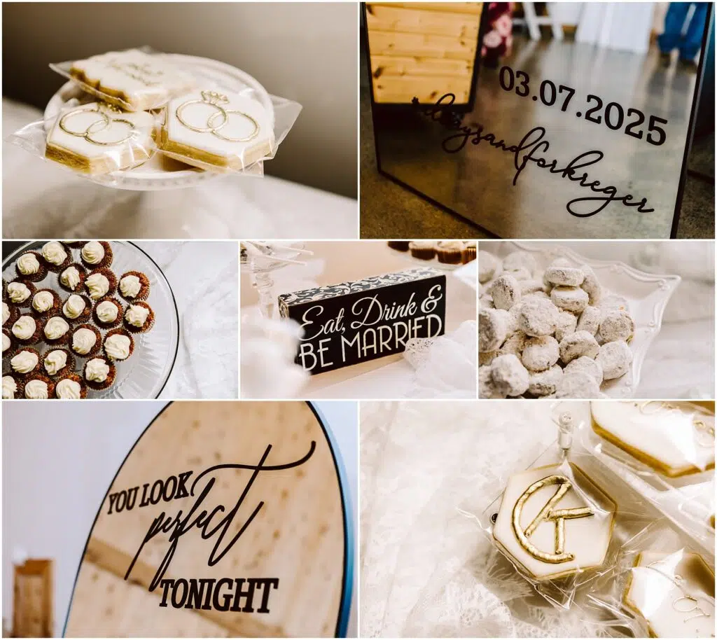 Snohomish Wedding Photographer GSquared Weddings A collage of wedding-themed items, featuring cookies shaped like rings and a monogram K, decorative signs with phrases like You look perfect tonight, a Machias date display, and a tray of chocolate desserts. Serving Seattle, Snohomish and Orlando