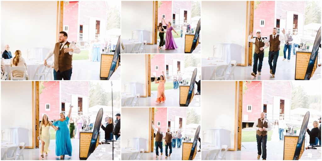 Snohomish Wedding Photographer GSquared Weddings A series of photos shows various people entering a decorated venue in Machias. Each pair of individuals is dressed in formal or semi-formal attire, smiling and celebrating. The setting is an indoor space with a picturesque view of a red barn outside. Serving Seattle, Snohomish and Orlando