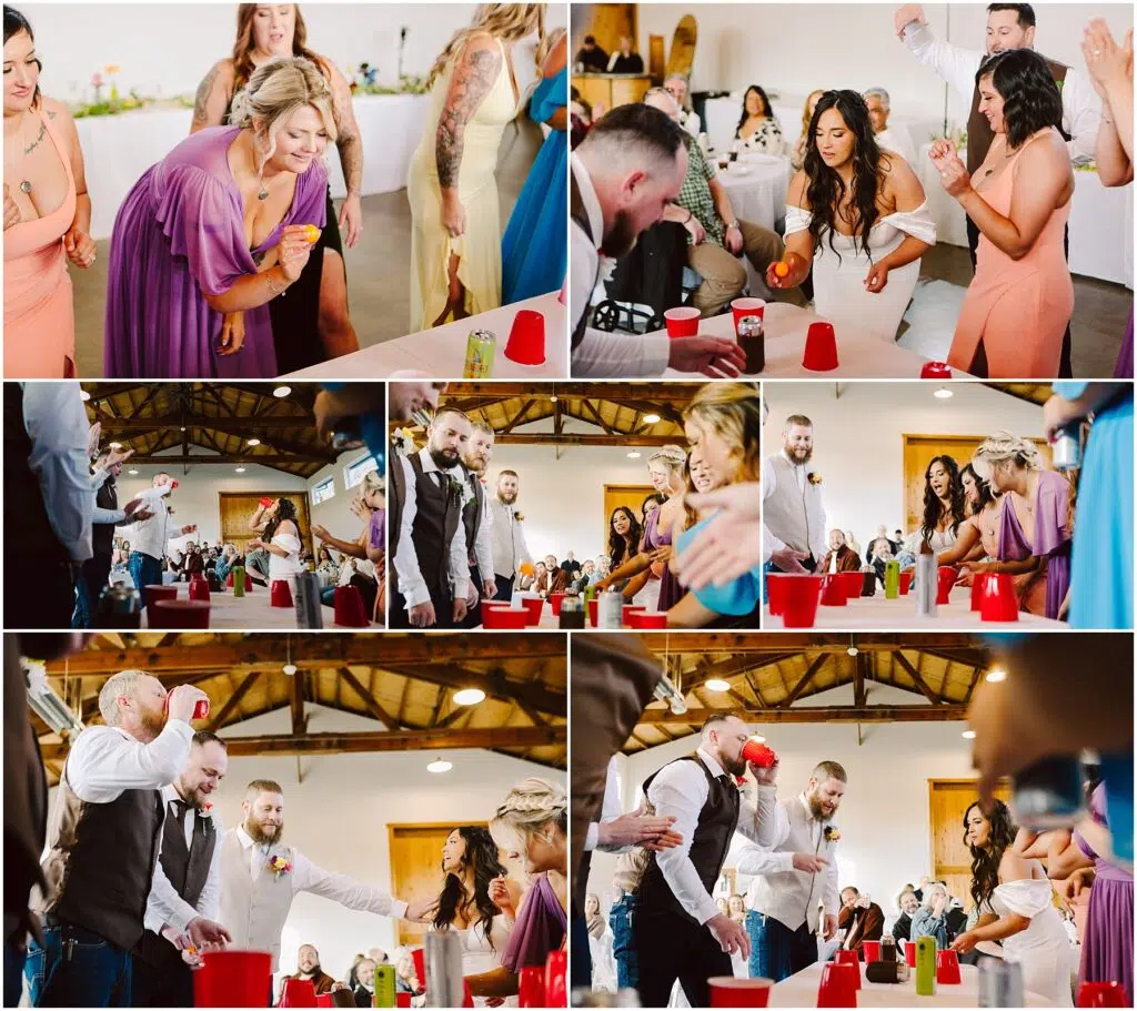 Snohomish Wedding Photographer GSquared Weddings People are enjoying a lively party game involving red cups and ping pong balls. The focus and laughter fill the air as they gather around a long table in a spacious indoor area with wooden beams, creating a festive atmosphere reminiscent of the vibrant spirit of Machias. Serving Seattle, Snohomish and Orlando