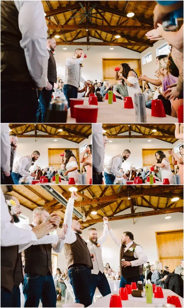 Snohomish Wedding Photographer GSquared Weddings At a lively indoor gathering in Machias, people are playing a vibrant game with red and yellow cups on a long table. The atmosphere is buzzing, with cheers echoing off the wooden ceilings as natural light floods the space. Serving Seattle, Snohomish and Orlando