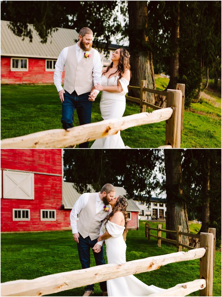 Snohomish Wedding Photographer GSquared Weddings A bride and groom in wedding attire walk hand in hand along a wooden fence near Machias, with a red barn and trees in the background. In the second image, they share a kiss, surrounded by lush greenery. Serving Seattle, Snohomish and Orlando