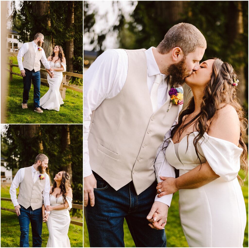 Snohomish Wedding Photographer GSquared Weddings A couple, dressed for a wedding, walk hand in hand on the grassy fields of Machias. The groom sports a beige vest and jeans, while the bride stuns in an off-shoulder white gown. They share a heartfelt kiss in the main image and exchange warm smiles in the smaller snapshots. Serving Seattle, Snohomish and Orlando
