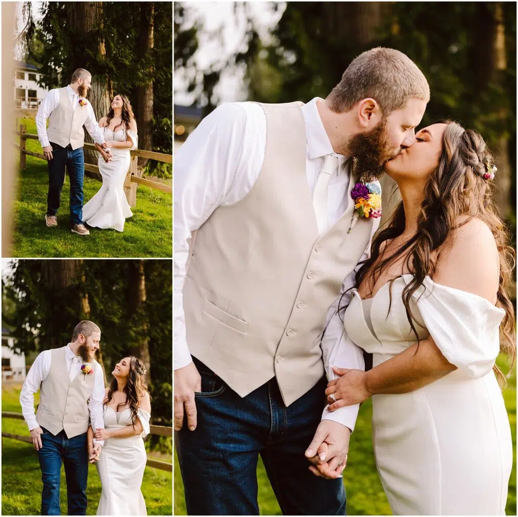 Snohomish Wedding Photographer GSquared Weddings A couple, dressed for a wedding, walk hand in hand on the grassy fields of Machias. The groom sports a beige vest and jeans, while the bride stuns in an off-shoulder white gown. They share a heartfelt kiss in the main image and exchange warm smiles in the smaller snapshots. Serving Seattle, Snohomish and Orlando