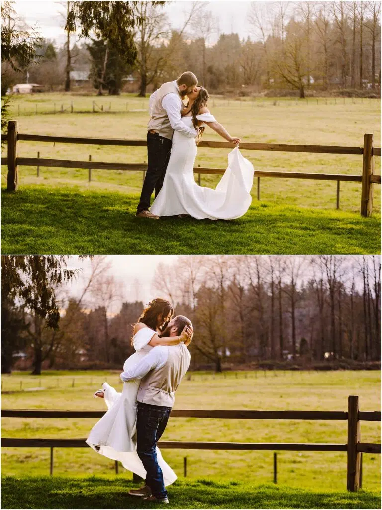 Snohomish Wedding Photographer GSquared Weddings A couple in wedding attire stands by a wooden fence in a grassy Machias field. In the first image, they hold hands, facing each other. In the second, the groom lifts the bride, both smiling amidst trees and open fields. Serving Seattle, Snohomish and Orlando