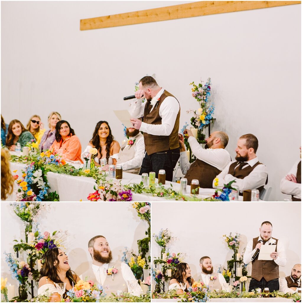 Snohomish Wedding Photographer GSquared Weddings A man in a vest reads from a paper at a festive wedding reception in Machias. A long table adorned with colorful flowers hosts cheerful guests. Nearby, two photos capture the laughing couple beside him, enhancing the joyful and celebratory mood. Serving Seattle, Snohomish and Orlando