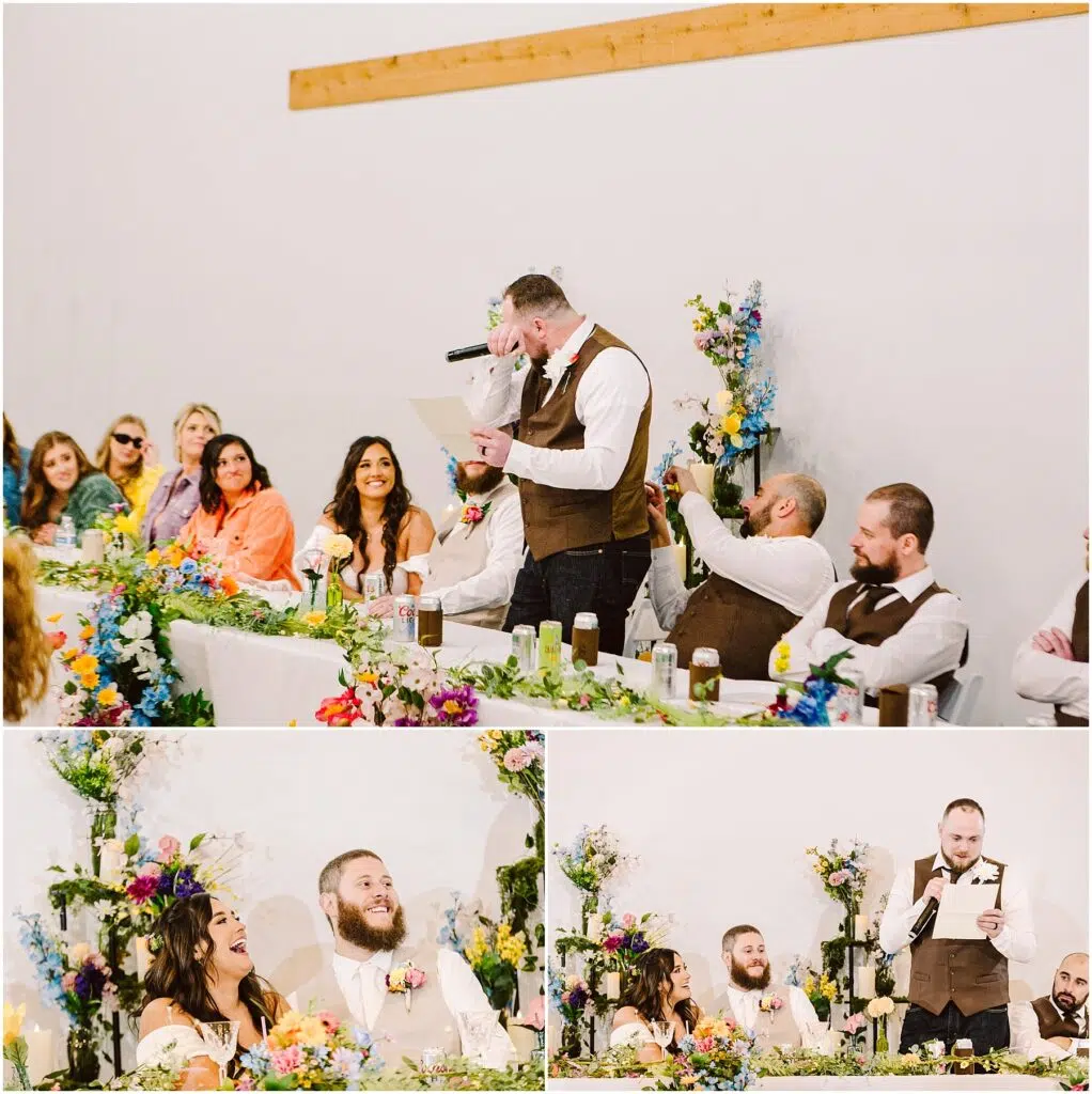 Snohomish Wedding Photographer GSquared Weddings A man in a vest reads from a paper at a festive wedding reception in Machias. A long table adorned with colorful flowers hosts cheerful guests. Nearby, two photos capture the laughing couple beside him, enhancing the joyful and celebratory mood. Serving Seattle, Snohomish and Orlando