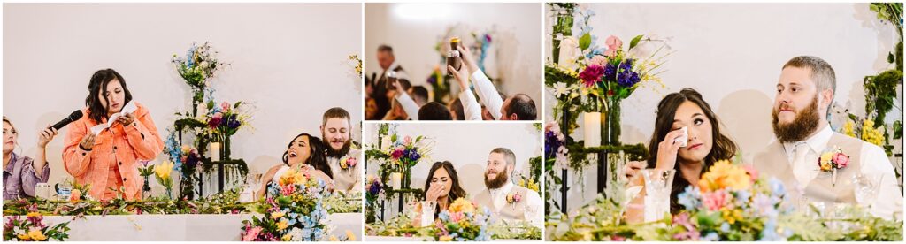 Snohomish Wedding Photographer GSquared Weddings A wedding reception scene in Machias unfolds with a couple seated at a decorated table. The woman wipes her eye as the man smiles, surrounded by colorful floral arrangements. Guests in adjacent images raise glasses, capturing memories with a phone—a perfect blend of joy and celebration. Serving Seattle, Snohomish and Orlando