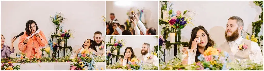 Snohomish Wedding Photographer GSquared Weddings A wedding reception scene in Machias unfolds with a couple seated at a decorated table. The woman wipes her eye as the man smiles, surrounded by colorful floral arrangements. Guests in adjacent images raise glasses, capturing memories with a phone—a perfect blend of joy and celebration. Serving Seattle, Snohomish and Orlando