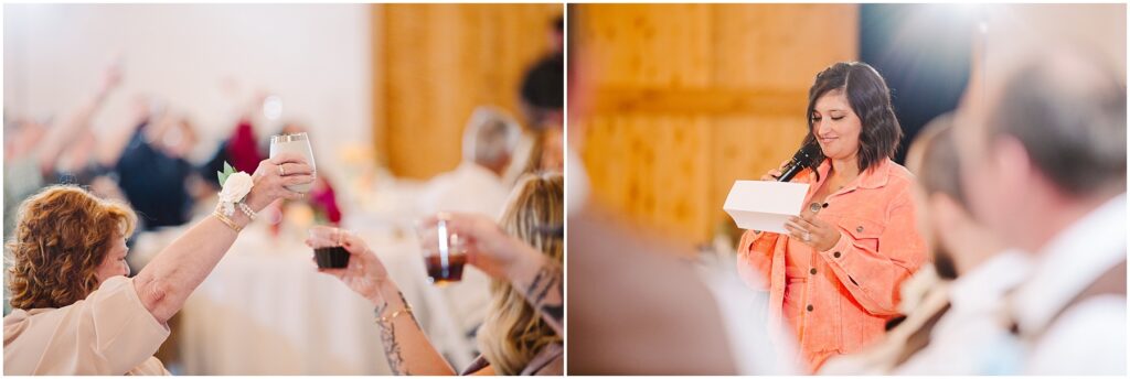 Snohomish Wedding Photographer GSquared Weddings Two images: On the left, a lively gathering in Machias where people raise glasses in a toast. On the right, a person in a peach jacket speaks into a microphone, holding a piece of paper, likely giving an inspiring speech. Serving Seattle, Snohomish and Orlando