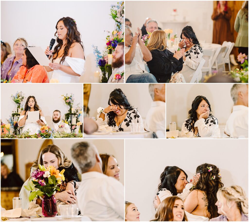 Snohomish Wedding Photographer GSquared Weddings A collage captures a woman in a white dress giving a speech at the Machias event. Shes holding a microphone and reading from paper, as guests listen and interact. Flowers decorate the scene, while emotional moments and embraces are shared among attendees. Serving Seattle, Snohomish and Orlando