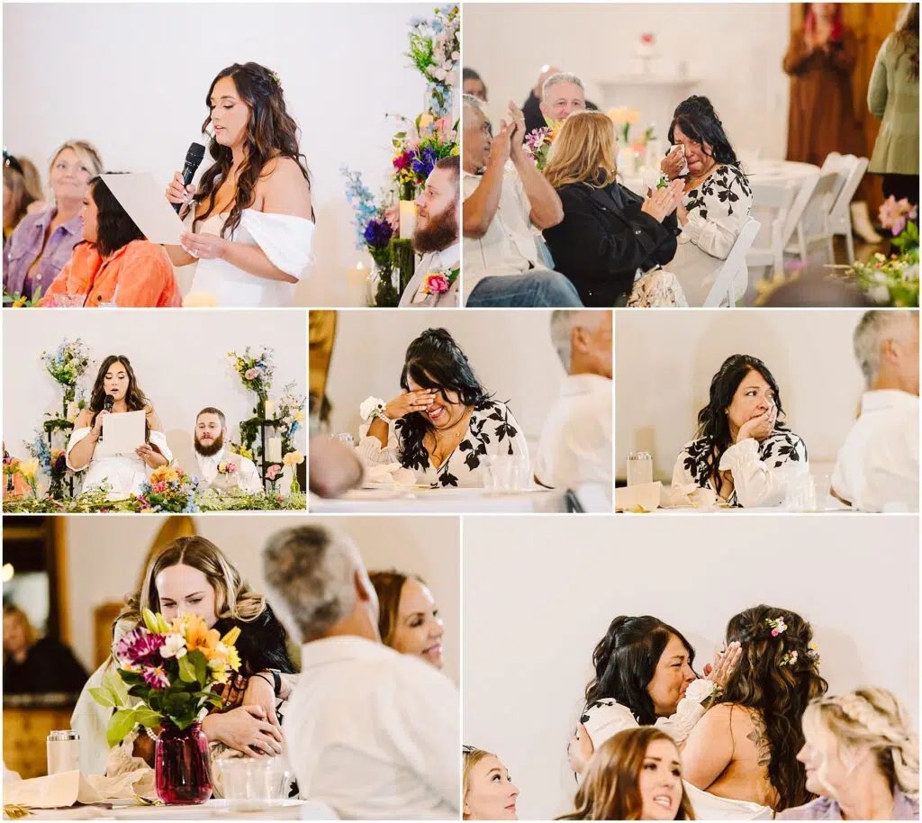 Snohomish Wedding Photographer GSquared Weddings A collage captures a woman in a white dress giving a speech at the Machias event. Shes holding a microphone and reading from paper, as guests listen and interact. Flowers decorate the scene, while emotional moments and embraces are shared among attendees. Serving Seattle, Snohomish and Orlando