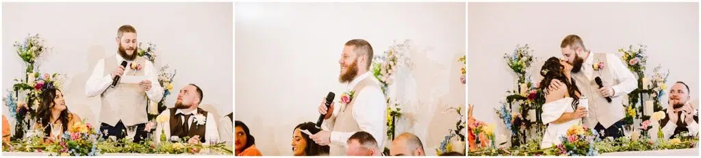 Snohomish Wedding Photographer GSquared Weddings At a charming Machias wedding, a groom in a beige vest delivers his speech with heartfelt words. The bride, radiant in a white dress, and their joyful guests listen intently. Adorned with flowers and garlands, the scene captures love as the couple shares a kiss amidst friends and family. Serving Seattle, Snohomish and Orlando