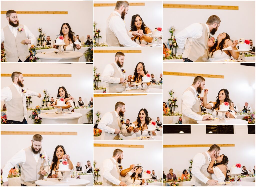 Snohomish Wedding Photographer GSquared Weddings A series of wedding photos shows a bride and groom playfully feeding each other cake. They laugh, tease, and share a kiss amidst the lively backdrop with floral decorations, reminiscent of the joyful spirit youd find in Machias. Serving Seattle, Snohomish and Orlando