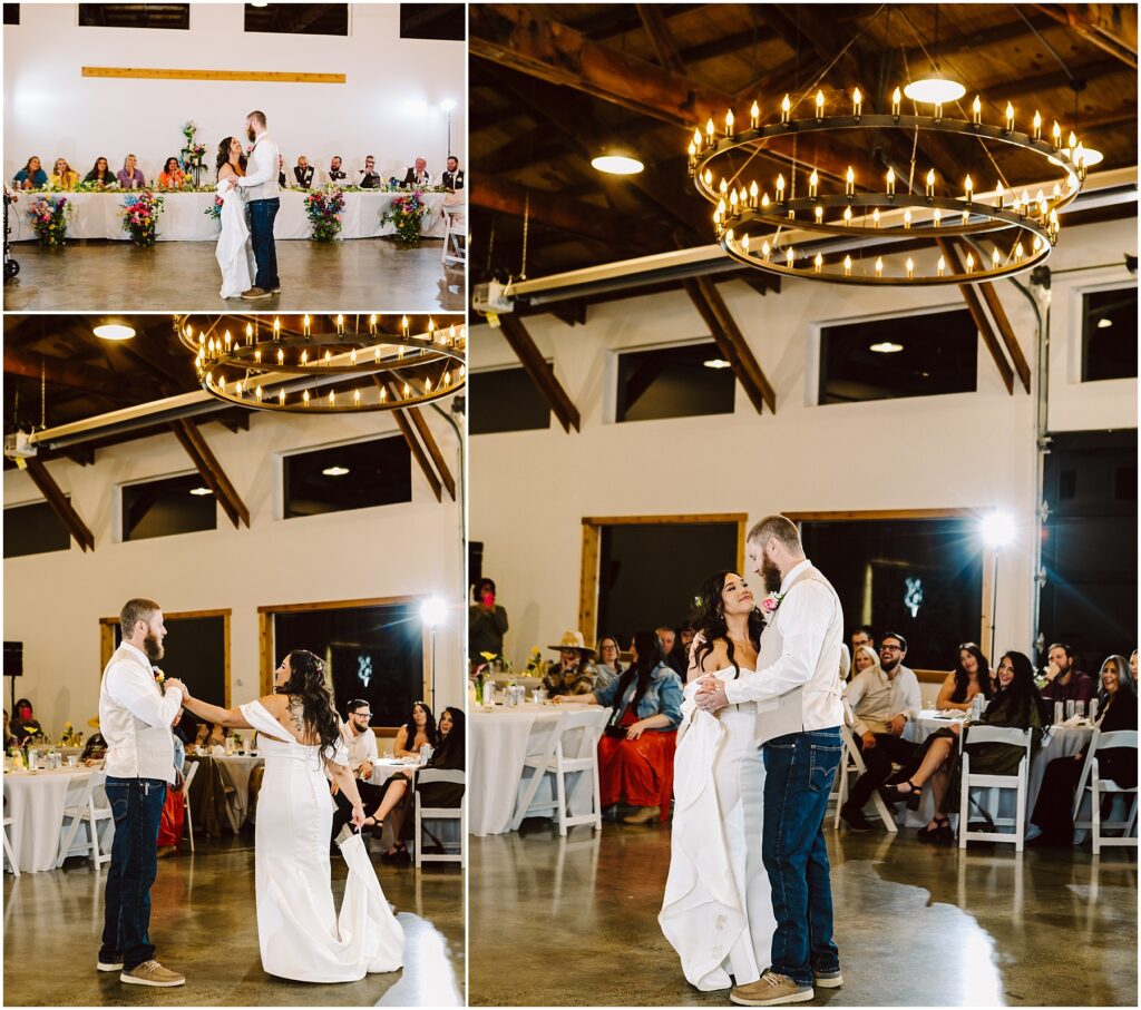 Snohomish Wedding Photographer GSquared Weddings In a warmly lit rustic venue inspired by Machiass charm, a bride and groom dance beneath a grand circular chandelier. Guests seated at tables watch as the bride twirls in her white dress, while the groom adds a touch of casual elegance in his shirt and jeans. Serving Seattle, Snohomish and Orlando