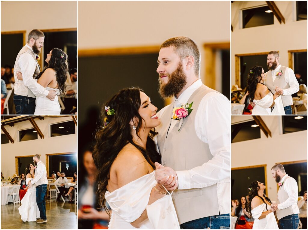 Snohomish Wedding Photographer GSquared Weddings At their wedding reception in Machias, a bride and groom share a joyful first dance. The bride, adorned with flowers in her hair and wearing an off-shoulder dress, twirls with her groom, who sports a beige vest and jeans. Guests watch and smile warmly in the background. Serving Seattle, Snohomish and Orlando