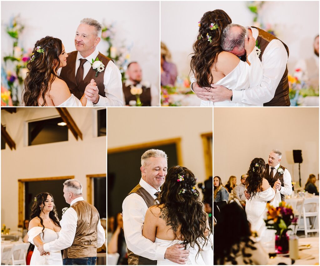 Snohomish Wedding Photographer GSquared Weddings In Machias, a bride and groom twirl gracefully at their wedding. The brides white dress and flower-adorned hair complement the grooms vest with a boutonniere. Theyre enveloped by joyful guests in the enchanting reception hall. Serving Seattle, Snohomish and Orlando