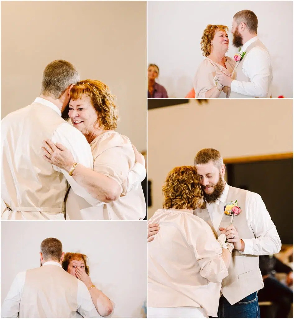 Snohomish Wedding Photographer GSquared Weddings A collage of a mother-son dance at a wedding in Machias. The son, wearing a vest, embraces his curly-haired mother. They share smiles and a close moment amid the simple decor. Serving Seattle, Snohomish and Orlando