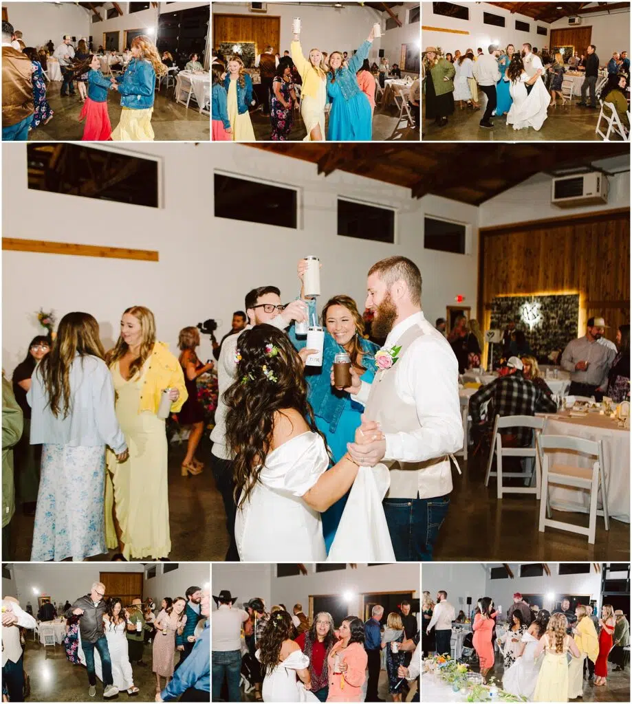 Snohomish Wedding Photographer GSquared Weddings A collage of wedding reception photos in a warmly lit Machias venue shows guests dancing, mingling, and dining. Elegantly dressed in formal attire, everyone appears joyful and engaged in lively conversations while dancing with partners. Serving Seattle, Snohomish and Orlando