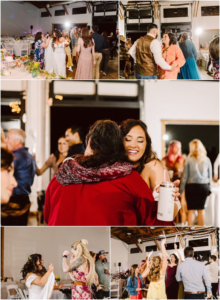 Snohomish Wedding Photographer GSquared Weddings A collage of wedding reception scenes in Machias shows guests dancing, hugging, and mingling in a bright venue. People are dressed in formal and casual attire, enjoying the celebration under soft lighting. Serving Seattle, Snohomish and Orlando