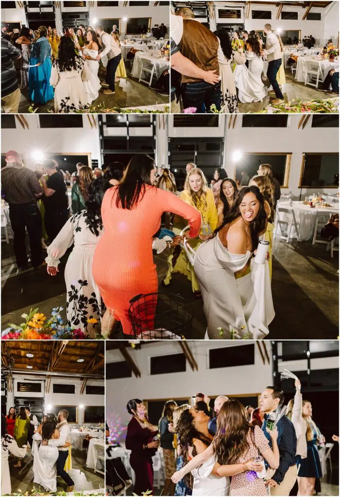 Snohomish Wedding Photographer GSquared Weddings A lively indoor wedding reception in Machias unfolds with guests dancing joyfully. Attendees of all ages don colorful formal attire, while beautifully decorated tables add to the festive atmosphere in the background. Serving Seattle, Snohomish and Orlando