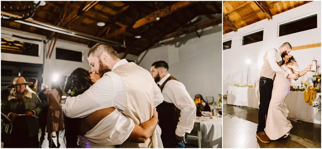 Snohomish Wedding Photographer GSquared Weddings In a warmly lit venue reminiscent of Machias charm, a newlywed couple shares a dance beneath wooden ceilings. The groom is in a beige vest and the bride in a white gown. Guests watch, some taking photos, capturing the joy and closeness of the moment. Serving Seattle, Snohomish and Orlando