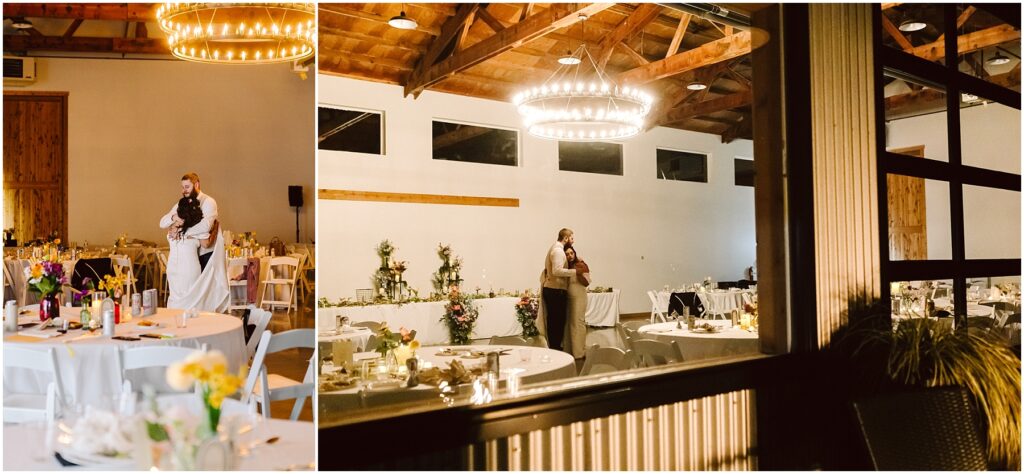 Snohomish Wedding Photographer GSquared Weddings A cozy wedding reception unfolds in Machias, where a couple shares a dance under soft, glowing lights. The warmly lit room, adorned with flowers and set with round tables for guests, is perfectly framed by a large window that reveals this intimate moment to the world outside. Serving Seattle, Snohomish and Orlando