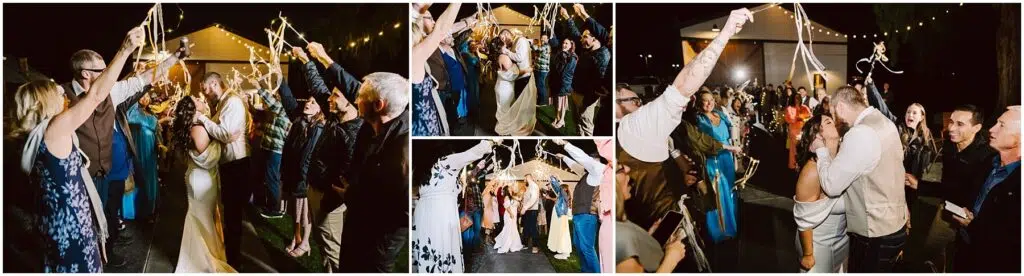 Snohomish Wedding Photographer GSquared Weddings At the enchanting Machias wedding celebration, guests gathered under a starlit sky. The bride and groom walked through an arch of ribbon wands held aloft by loved ones. String lights cast a warm glow, enhancing the festive atmosphere as the couple shared a romantic kiss. Serving Seattle, Snohomish and Orlando