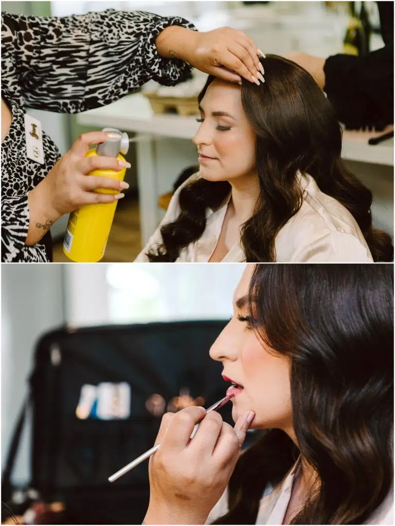 Snohomish Wedding Photographer GSquared Weddings Two images: The top shows a hair stylist in Port Gamble applying spray to a womans long, wavy hair for a summer wedding. The bottom captures the woman having pink lip makeup applied with a brush. She is wearing a white robe in both images. Serving Seattle, Snohomish and Orlando