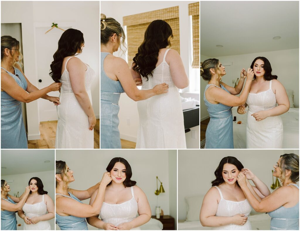 Snohomish Wedding Photographer GSquared Weddings A woman in a white dress is being helped by another in a light blue dress during a beautiful summer wedding. The scenes at Port Gamble show her adjusting the brides gown, fixing her hair, and offering support in a room filled with neutral tones and natural light. Serving Seattle, Snohomish and Orlando