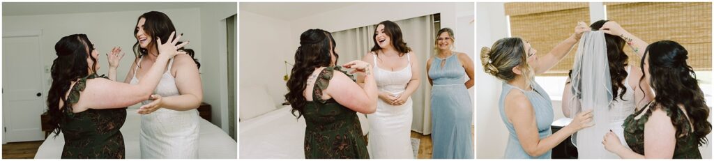 Snohomish Wedding Photographer GSquared Weddings Three images capture the joy of a summer wedding in Port Gamble. The bride, glowing in her white dress, laughs with her bridesmaids. In one shot, a woman in a green dress tenderly touches her face, while another in blue smiles warmly. The final image shows the green-dressed friend adjusting the brides veil. Serving Seattle, Snohomish and Orlando